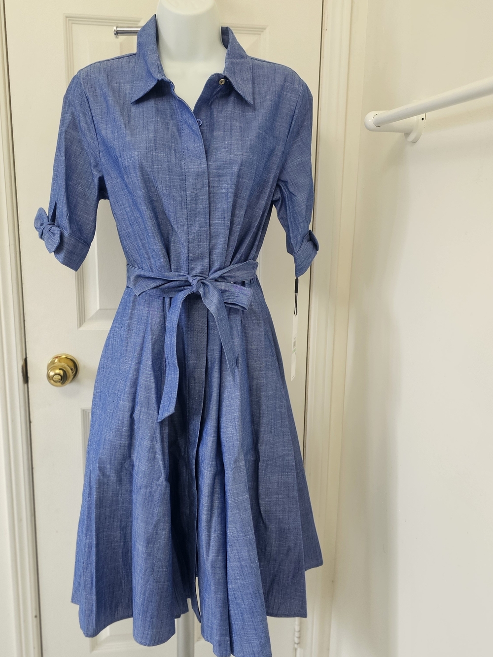 NWT - Summer Calvin Klein Blue Shirt-Waist Tie Midi Dress, Size US 8 - Picture 9 of 11